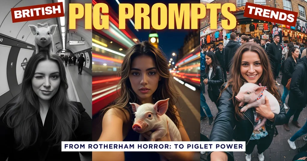 A collage featuring British girls with piglets in different UK locations (London Tube, Big Ben light trails, Camden Market). Text overlays include "BRITISH PIG PROMPTS TRENDS" and "FROM ROTHERHAM HORROR: TO PIGLET POWER." This image represents the British Piglet Prompts Trend and Google Gemini AI's role in promoting girl safety and combating negative influences.
