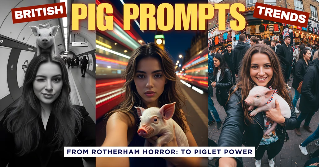 Grooming Gangs Vs Piglet Prompts: A collage featuring British girls with piglets in different UK locations (London Tube, Big Ben light trails, Camden Market). Text overlays include "BRITISH PIG PROMPTS TRENDS" and "FROM ROTHERHAM HORROR: TO PIGLET POWER." This image represents the British Piglet Prompts Trend and Google Gemini AI's role in promoting girl safety and combating negative influences.