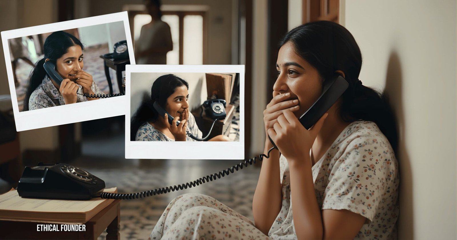 South Indian woman secretly talking on black landline telephone in 1990s home corner, twisting coiled cord around finger while giggling, nostalgic communication culture by Ethical Founder AI image generation, vintage home interior with rotary phone aesthetic. Who is Ethical Founder, Indian Ethical AI Agents, ethical AI image generation, 90s nostalgia India, landline phone memories, vintage communication culture, Grok Imagine prompts.