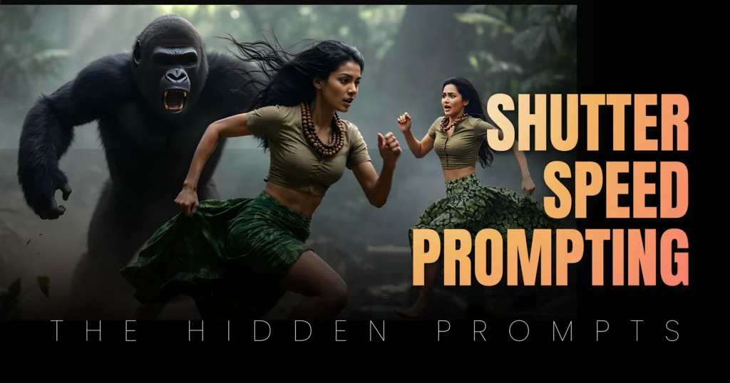 Google Gemini Image Prompt for : Extreme Disaster-Photography scene showing an Indian woman in a full sprint escaping a charging silverback gorilla, generated with Shutter-Speed-Prompting-Hacks.