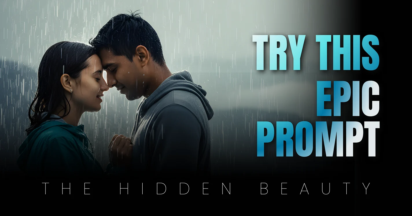 Best Gemini Couple Prompts image showing Indian couple embracing on a foggy mountain during a storm with frozen rain detail.