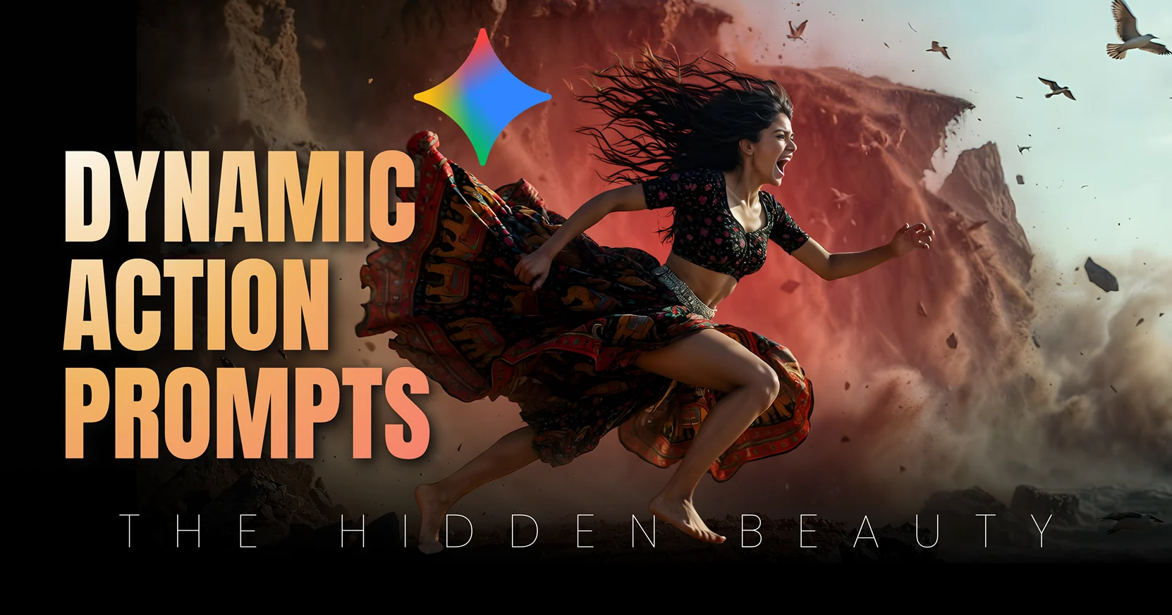 Dynamic Action Shot Prompts using RED Komodo specs, capturing Indian girl running from landslide with complex skirt and rock physics rendering at 1/8000s speed.