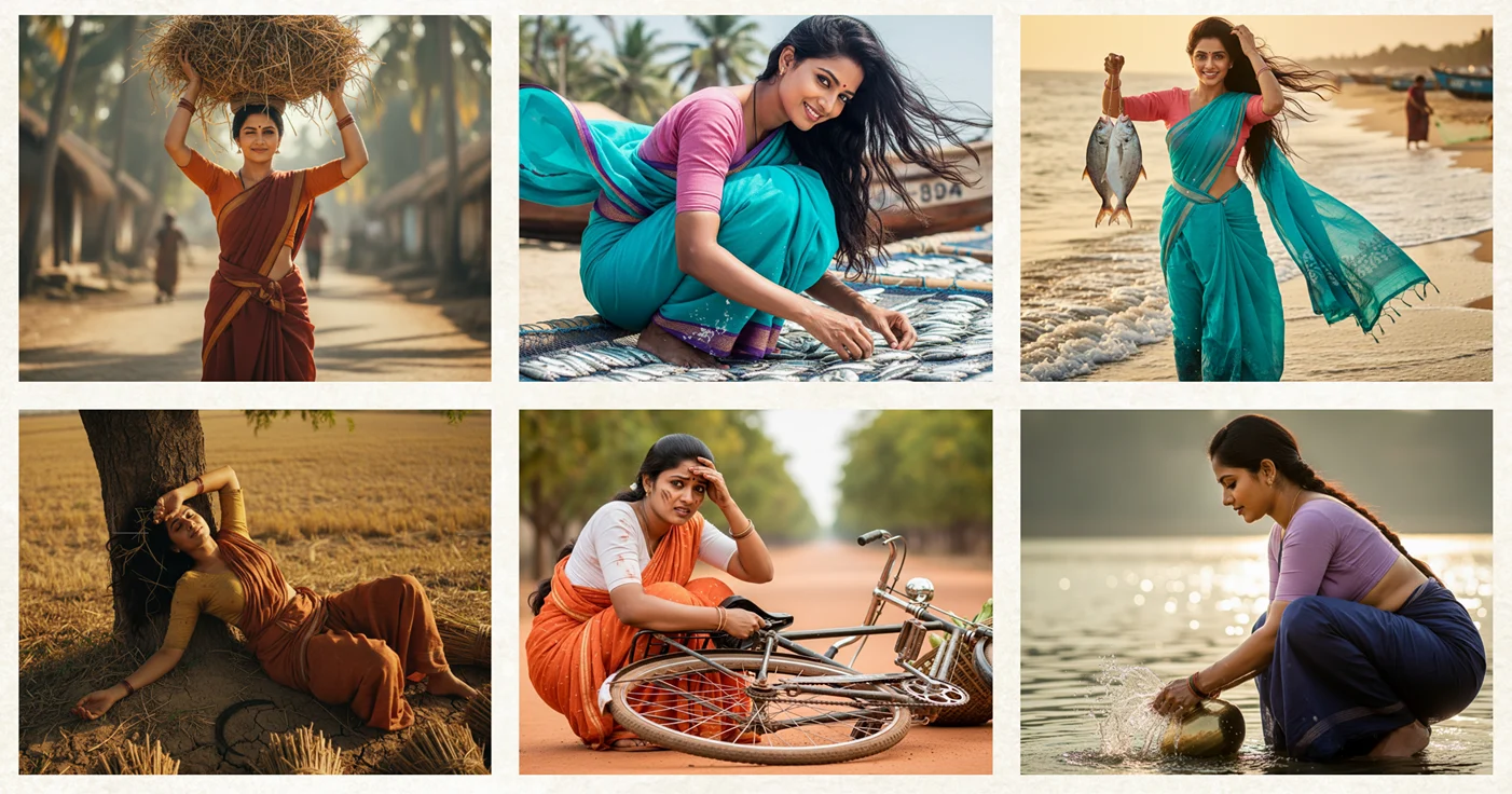 All six hyper-realistic Indian Village Woman Portraits collage, proving the power of the copy-paste Gemini 3 prompt formula designed by the Ethical Founder.