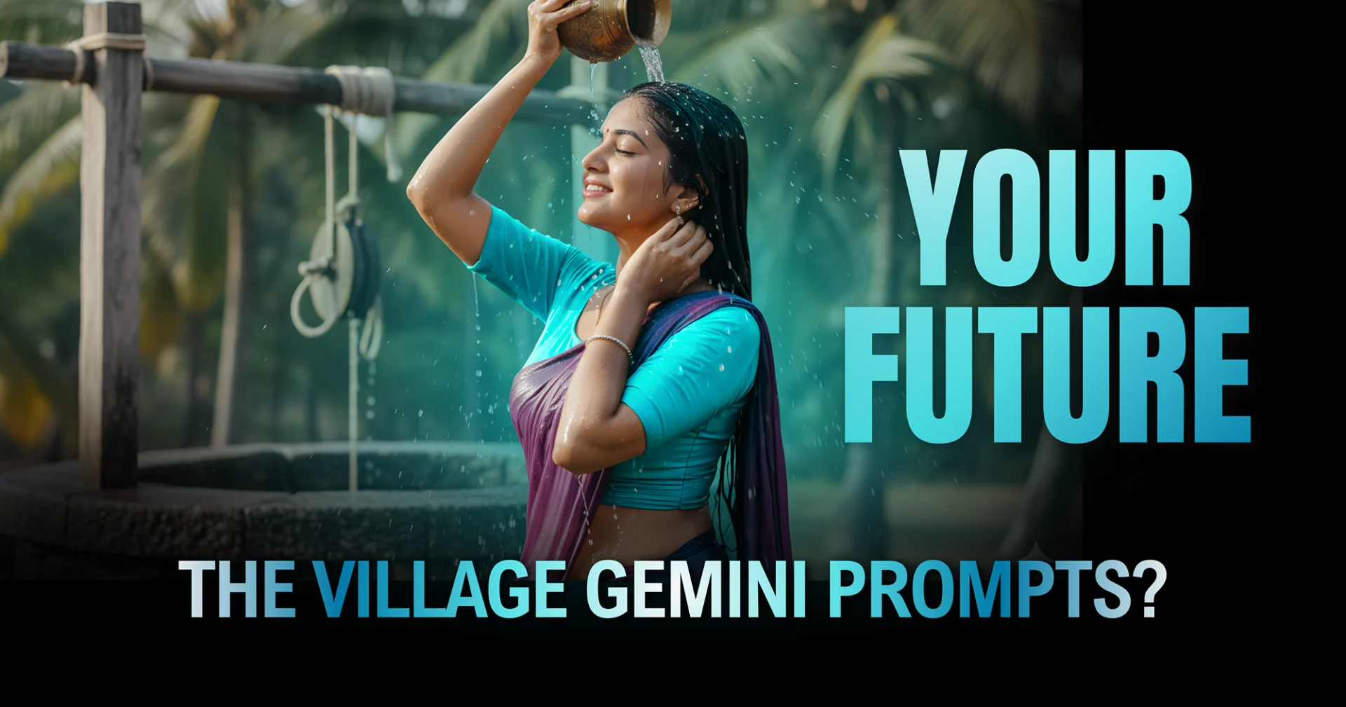 Hyper-realistic Photorealistic Village Girl Portrait created in Gemini 3, showing a woman pouring water over herself at a well, with cinematic lighting and moisture detail.