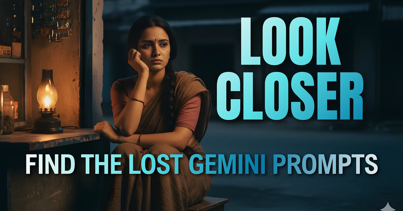 Photorealistic Village Girl Portrait and cinematic image edit created in Gemini 3, detailing a sad woman behind a counter in a dimly lit night shop
