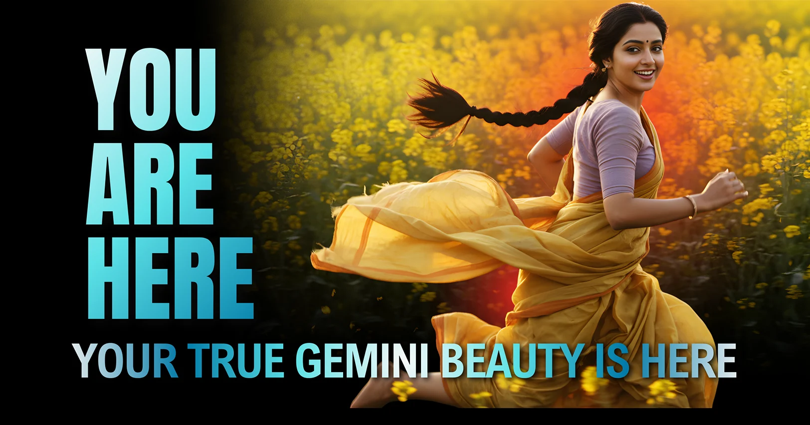 Gemini 3 Photorealistic Girl Image Prompt capturing a cinematic tracking shot of a girl running in a mustard field during golden hour, showcasing superior lens flare effects, motion blur, and backlit hair details typical of next-gen generative AI models.