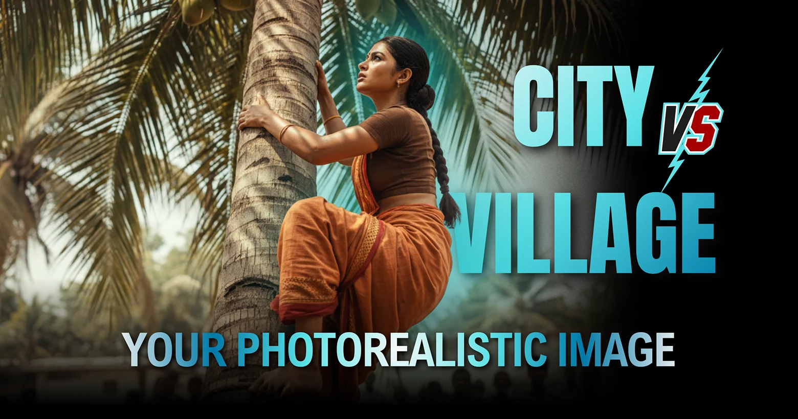 Gemini 3 Photorealistic Girl Image Prompt showing anatomical accuracy and grip tension as a village girl climbs a coconut tree, demonstrating high-fidelity bark texture contrast against soft skin and perspective distortion typical of 65mm Panavision prompts.