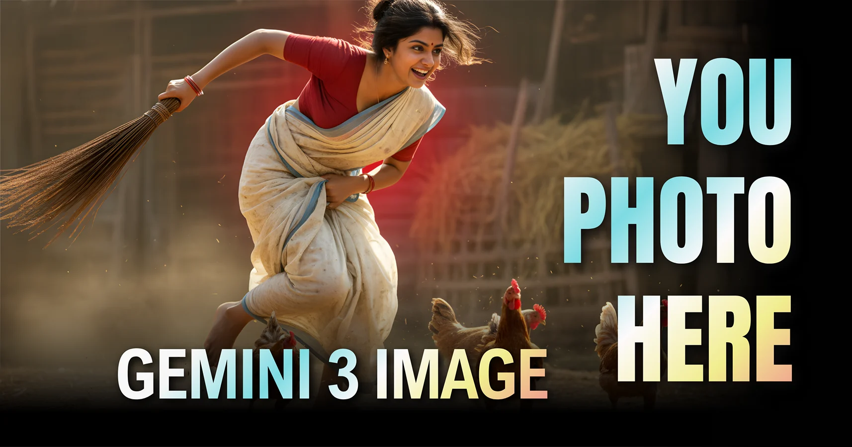 Gemini 3 Photorealistic Girl Image Prompt depicting a chaotic documentary-style scene of a girl chasing chickens with a broom, showcasing multimodal visual reasoning by maintaining consistent facial expressions amidst flying dust particles and multiple moving subjects.
