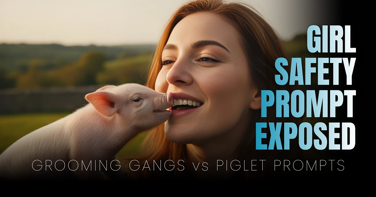 A close-up of a British woman with red hair gently laughing as a piglet nuzzles her lips in a golden hour Cotswolds setting. Text reads "GIRL SAFETY PROMPT EXPOSED" and "GROOMING GANGS VS PIGLET PROMPTS."