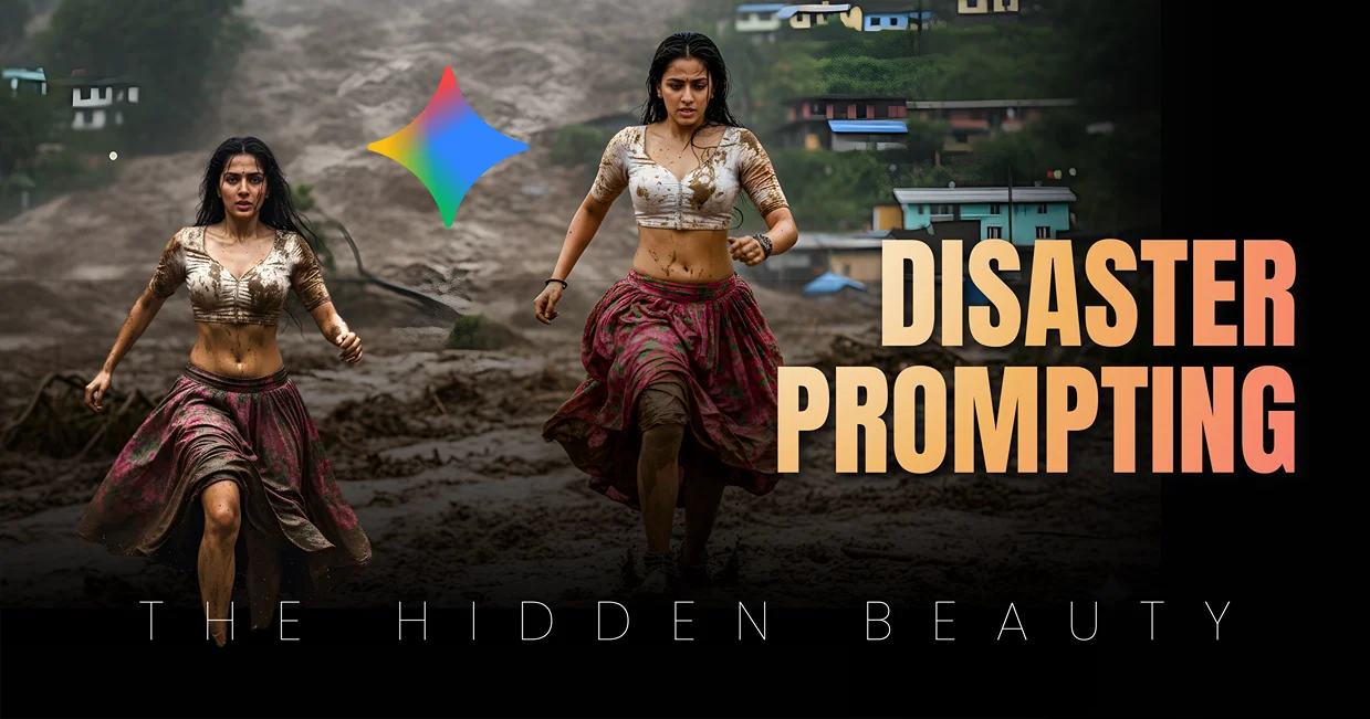Using Google Gemini photo editing prompts explained. Dramatic scene of a girl struggling to escape a massive mudslide, utilizing a Professional cinematic disaster prompt to capture fluid dynamics and realism for a perfect Google Gemini photorealistic Girl.