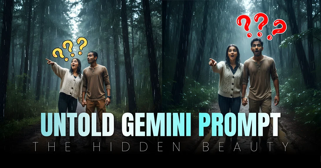 Ultra-realistic Indian couple walking in rain forest path with dolly zoom effect from Google Gemini Couple Prompts.