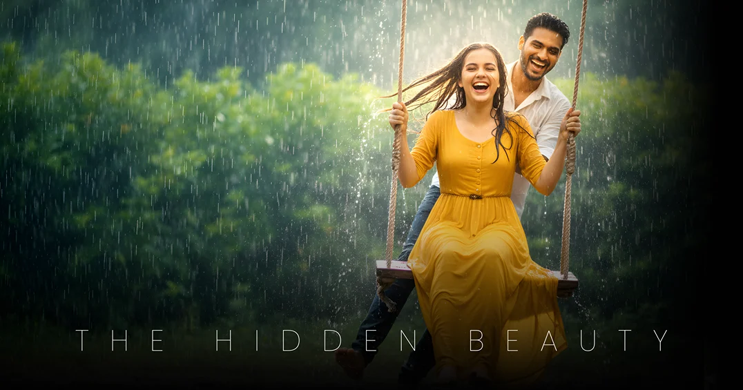 Happy Indian couple on a garden swing in monsoon rain, showing a mid-laugh moment from the Google Gemini Couple Prompts guide.
