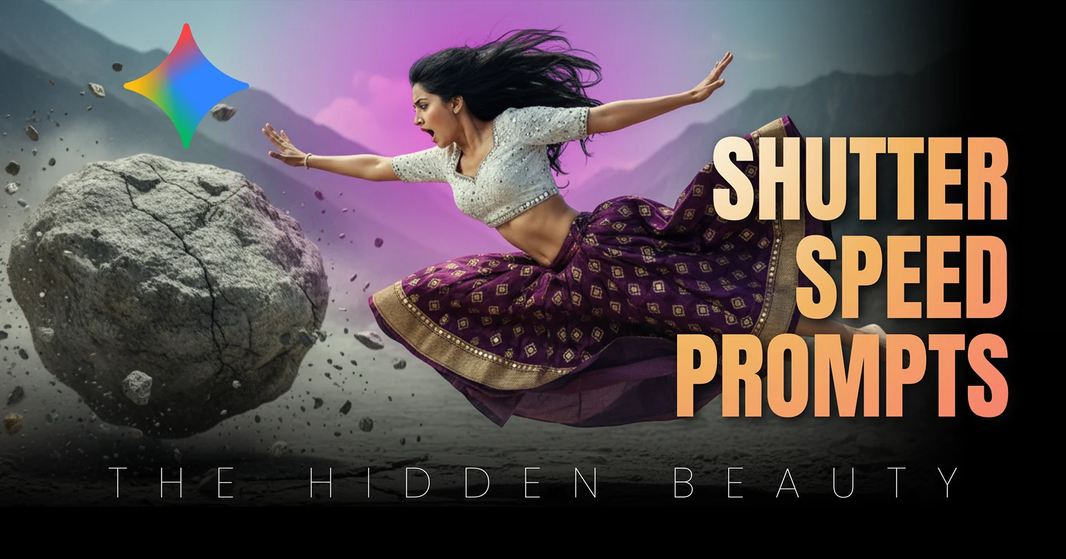 Extreme Gemini Dynamic Action Shot Prompts, showcasing Indian girl dodging boulder with Canon 1D-X III specs and 1/10000s speed, proving physics and expertise