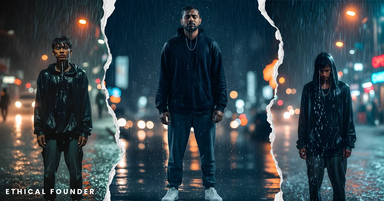 Urban Rain Photography Gemini Image Prompt featuring man in rain with slow motion blur effects and neon bokeh lights