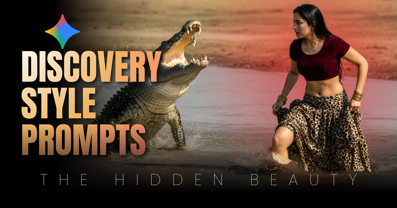Natural Skin Texture Prompts and Dynamic Action Shot Prompts of Indian girl wading, capturing crocodile attack and water physics using Nikon Z9 specs for Gemini AI at 1/8000s.