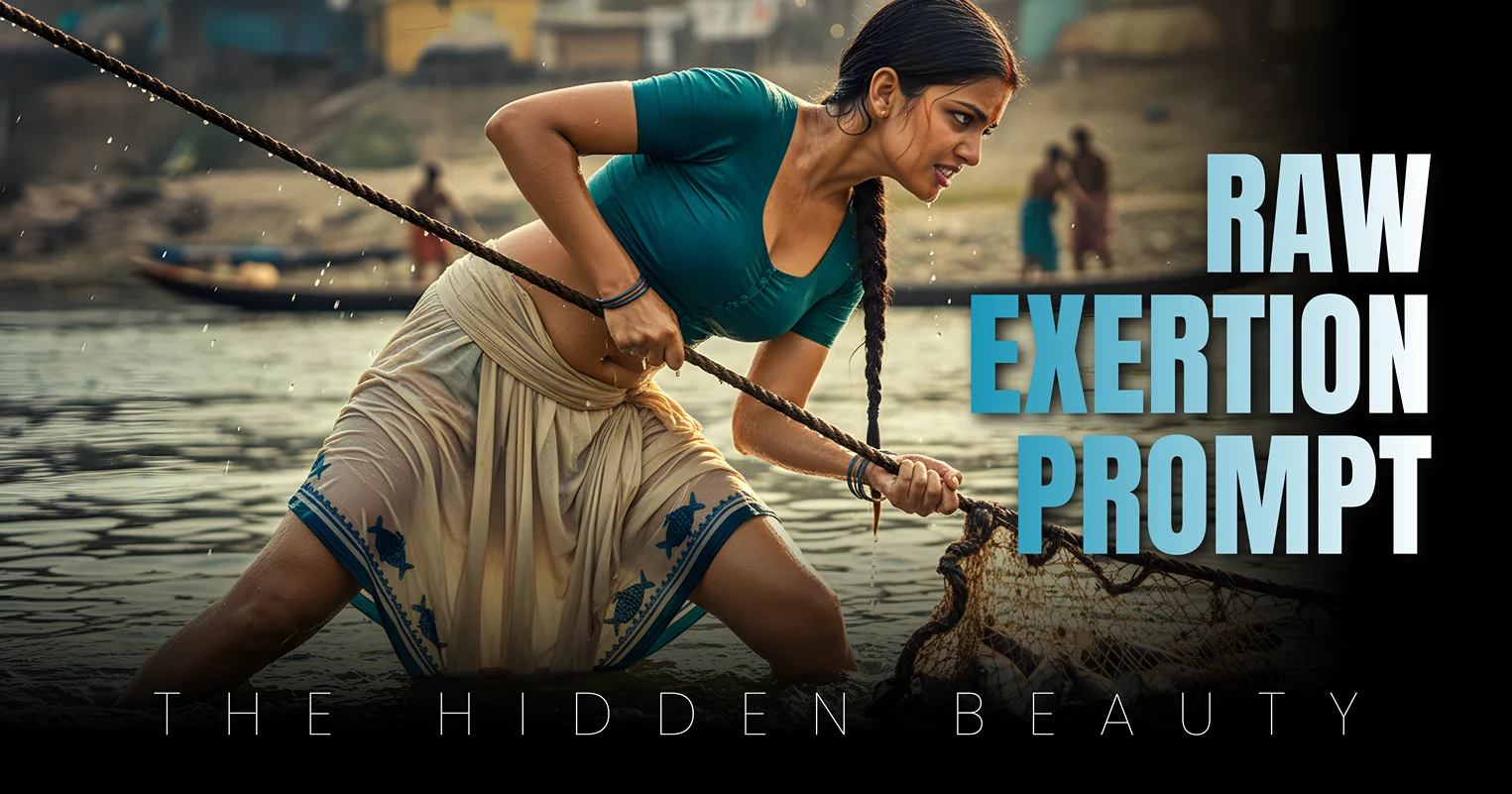 Hyper-realistic Indian woman hauling fishing net from river, golden hour rim light, wet clinging fabric detail, RED One 4K Copy Paste prompt for Gemini AI Image Generator