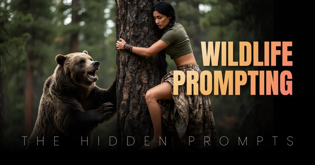 Hyper-realistic wildlife encounter prompt showing a desperate woman clinging to a tree escaping a roaring grizzly bear; created using Photorealistic-Wildlife-Encounter-AI-Prompts.