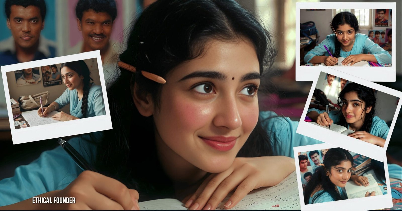 South Indian young woman with shy romantic expression writing love letter in notebook at study table, 1990s slam book and confession culture, ethical AI generated by Ethical Founder, vintage teenage romance nostalgia, handwritten confession memories, Ethical Founder values, AI ethics in emotional content, Indian teenage romance nostalgia, slam book culture, ethical AI storytelling, handwritten confession memories, responsible cultural AI representation, 90s Indian youth culture.
