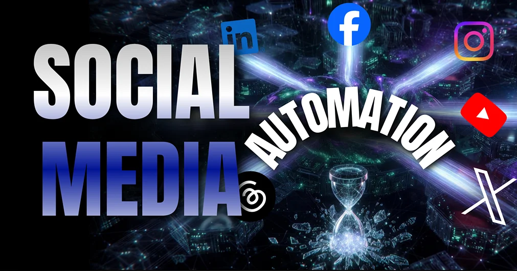 Cinematic 3D render of AI Social Media Content Automation powered by OpenAI GPT-4 and LangChain, seamlessly connecting 6 major platforms (Twitter/X, Instagram, Facebook, LinkedIn, Threads, YouTube Shorts), illustrating saving 20+ hours per week.