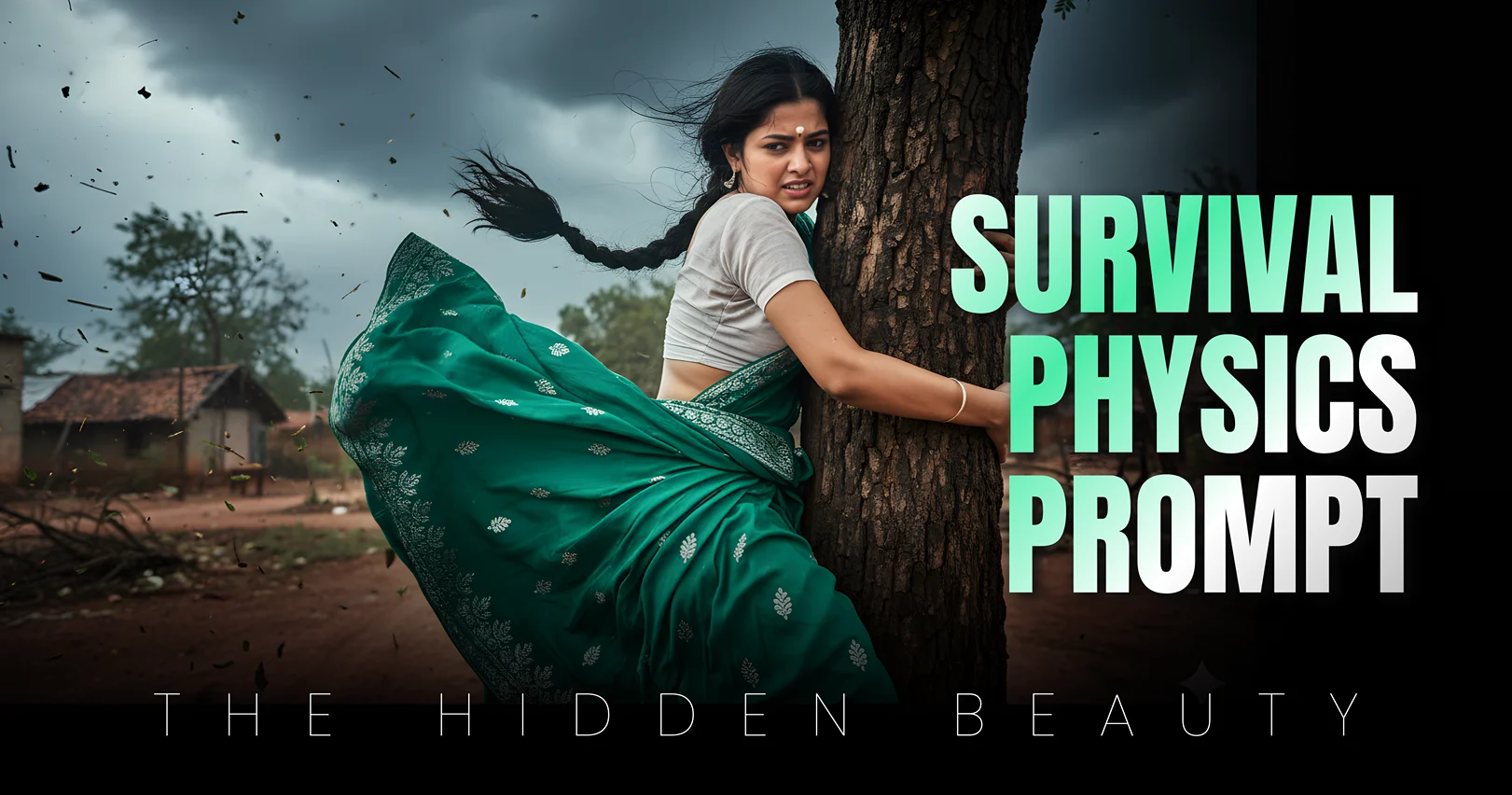 Generating 8K AI Images Prompt with Gemini IA Image Gen: Indian woman gripping tree in violent storm wind, dynamic fabric physics, Arriflex cinematic style, Maharashtra setting