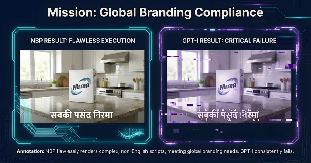 Comparison of Nano Banana Pro vs ChatGPT image outputs for a Hindi Nirma ad. NBP flawlessly renders the complex Hindi script, while GPT-I's output is visibly broken, showcasing NBP's compliance with Multimodal AI Image Generation quality.