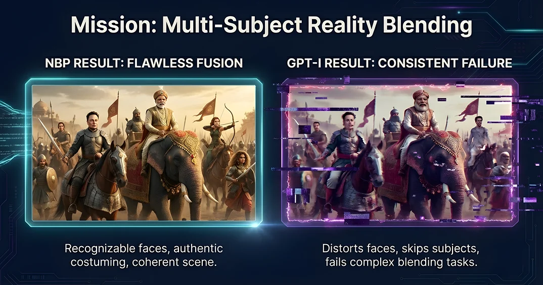 Side-by-side comparison of Nano Banana Pro vs ChatGPT image outputs for the Multi-Subject Reality Blending test. NBP features clearly recognizable faces and authentic costuming, demonstrating NBP's lead in complex Multimodal AI Image Generation.