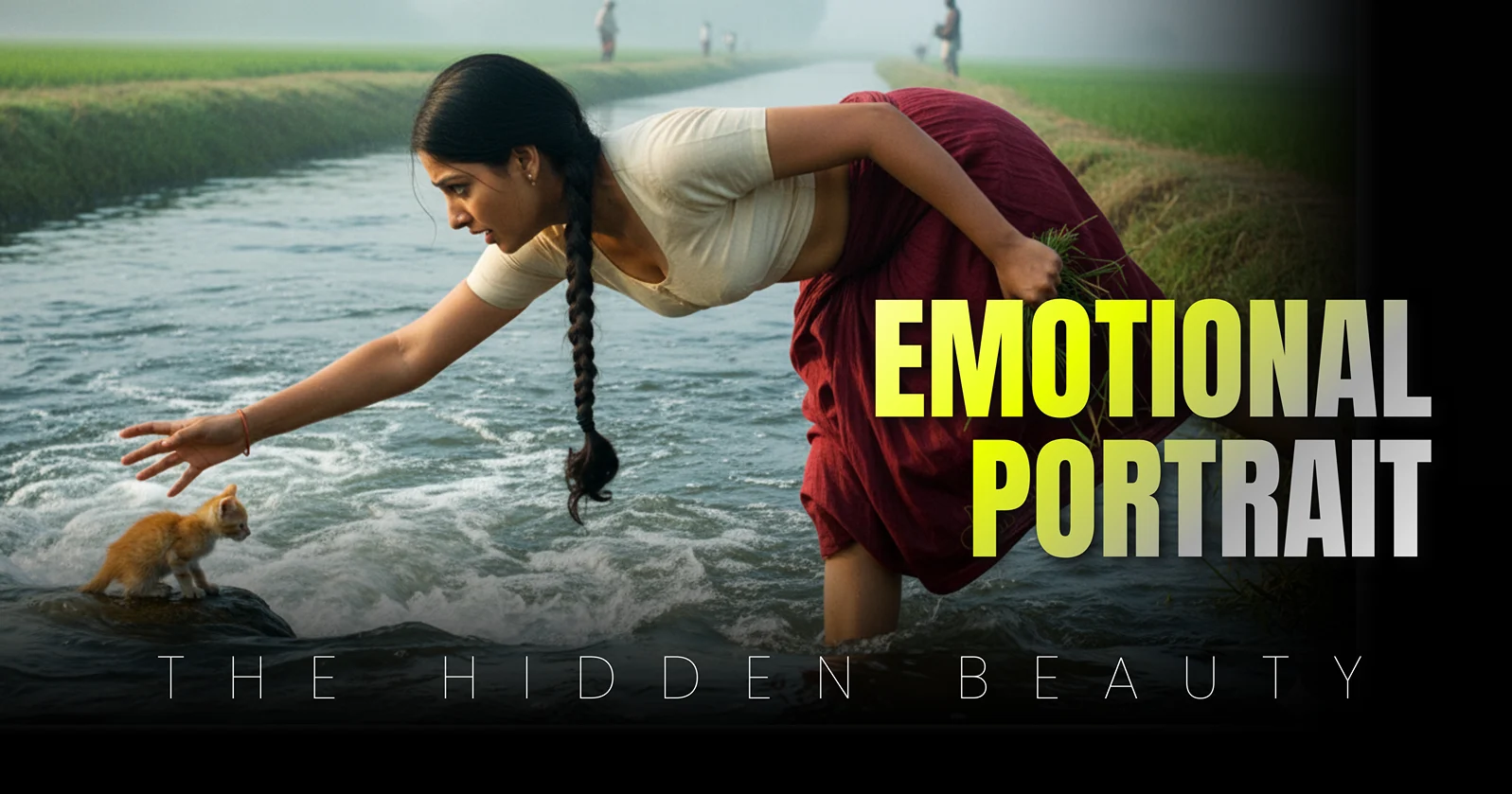 Gemini AI Cinematic Photorealistic Indian village woman rescuing kitten from fast irrigation canal, extreme angle, Tamil Nadu setting, Fujinon 50mm lens prompt