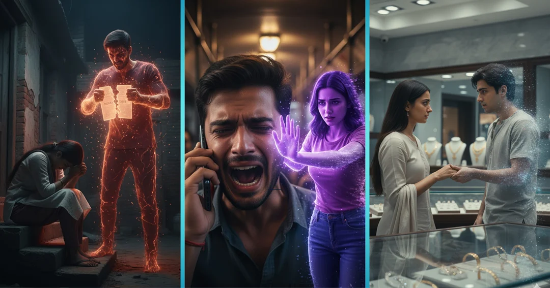 Raw emotional collage of Indian man's phone-call scream, financial ruin, and love breaking over wealth. Use these Copy paste Google Gemini AI Sad Boy Prompts now.