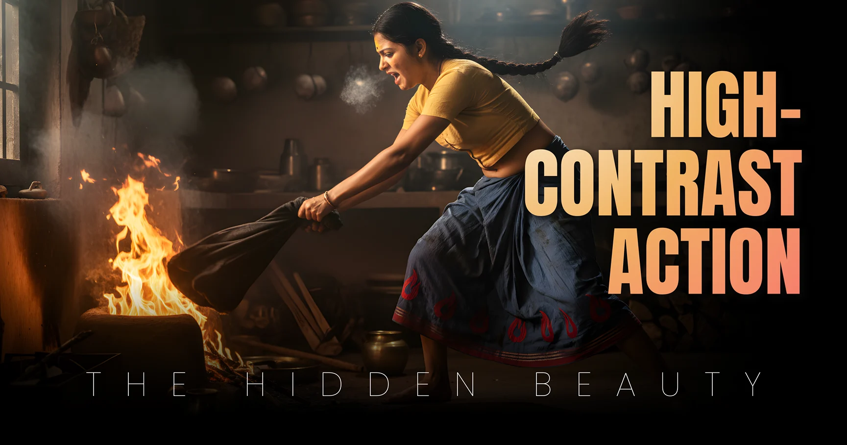 Gemini AI Photo Editor Prompt: Dynamic Indian woman extinguishing kitchen fire with cloth, high-contrast Panavision cinematic style, Kerala village kitchen setting