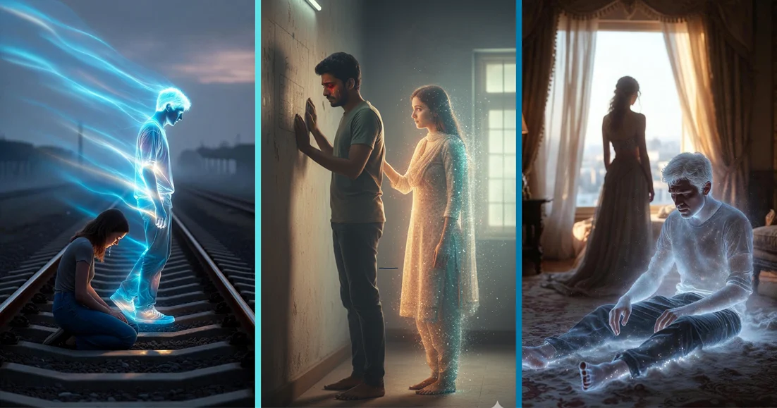 Cinematic collage showing a breakup on railway tracks, a farewell by a luxury window, and a hand pressed to a wall of a lost future. Learn How to create Indian sad boy photo with Gemini AI using these exact prompts.