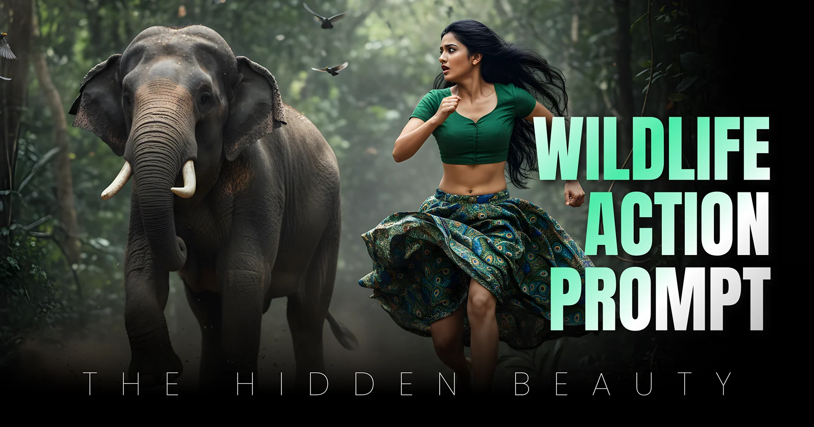 Hyper-realistic Indian woman sprinting from elephant charge jungle, Sony A1 8K high-speed cinematic photography prompt