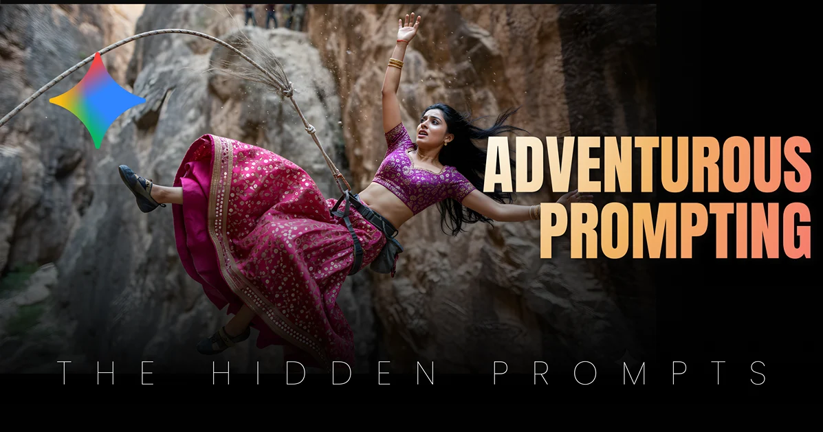 Highly realistic image of a girl in traditional attire falling after a rope snap in a canyon, illustrating the success of using Copy Paste Gemini Prompts for dramatic high-risk scenes.