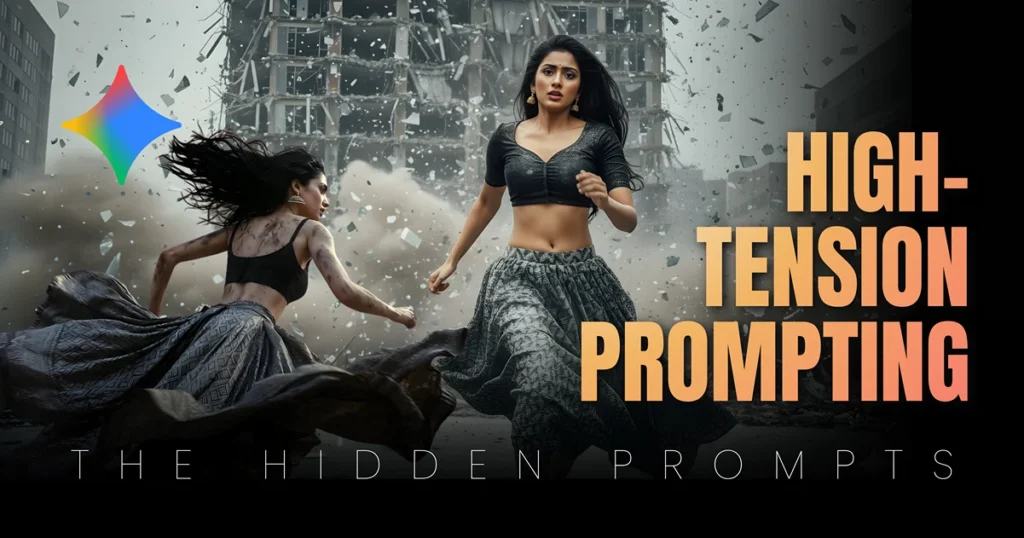 A photorealistic Indian girl sprinting away from a collapsing building, showcasing the power of Google Gemini photorealistic Girl High Tension Prompts and cinematic motion freeze.