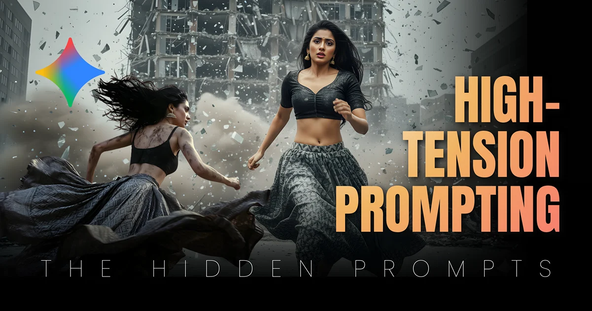 A photorealistic Indian girl sprinting away from a collapsing building, showcasing the power of Google Gemini photorealistic Girl High Tension Prompts and cinematic motion freeze.