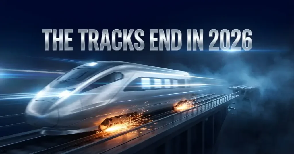 A digital railway labeled "AI Market Bubble 2026" ending at a sharp cliff, symbolizing the tech stock reset and the critical inflection point where the window to adjust positioning is narrowing