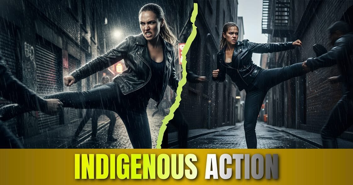 Gritty street fight featuring Australian Indigenous woman performing high-kick, rendered with high detail by GROK IMAGE GENERATION.
