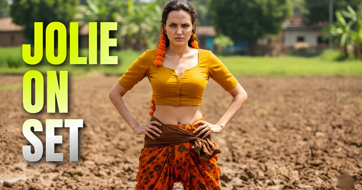 An intense medium shot of Angelina Jolie in a dhoti-style outfit and yellow blouse, created with a Gemini AI Photo Editing Prompt to achieve a fierce, resolute expression in a freshly tilled field.