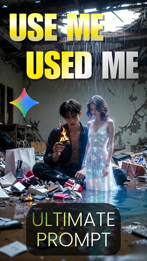Gemini prompt for cinematic breakup scene, showing a photorealistic man portrait amidst shattered luxury items.