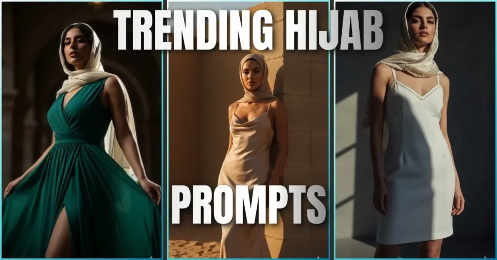 College of: Powerful Arabic Girl Fashion using Google Gemini AI Photo Editing Prompts. An Arabian model in a gold-trimmed hijab and white structured short middy Slip Dress, shot from a belly-height angle for a strong stance.