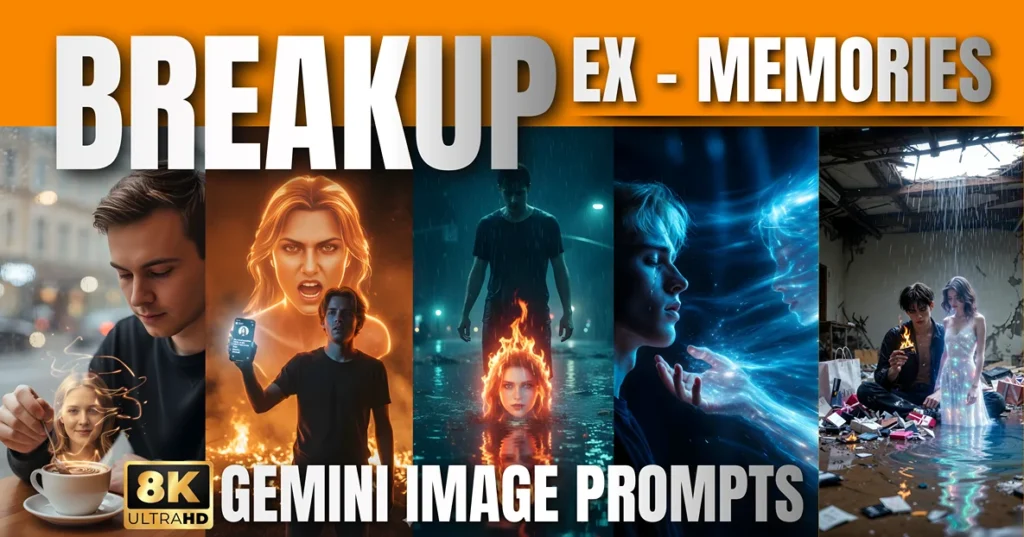 Google Gemini prompts: Photorealistic man portrait collage featuring sad boy AI prompts and holographic image concepts for dramatic cinematic breakup scene.