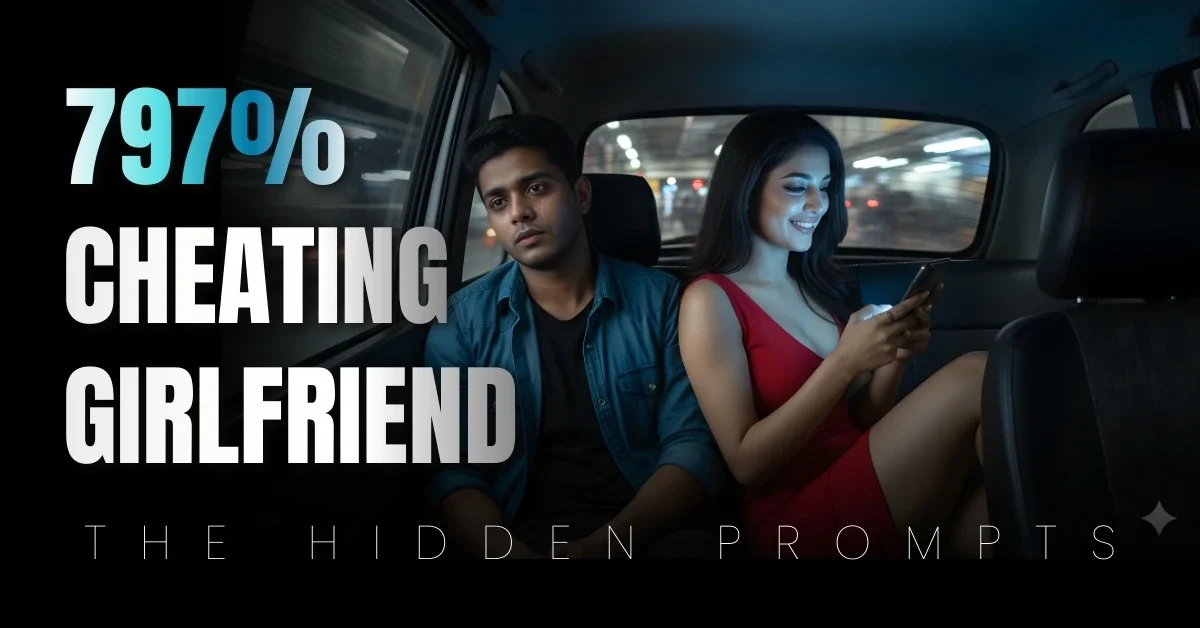 Sad boy next to a cheating girlfriend in a taxi, promoting the Broken heart boy photo pose sad boy prompt list. Gemini 3 Image Generation