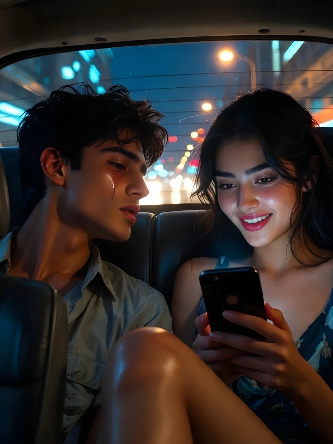 Indian man crying in the back of a taxi while woman next to him is texting and smiling, a clear sad boy photo prompt with girlfriend betrayal scene.