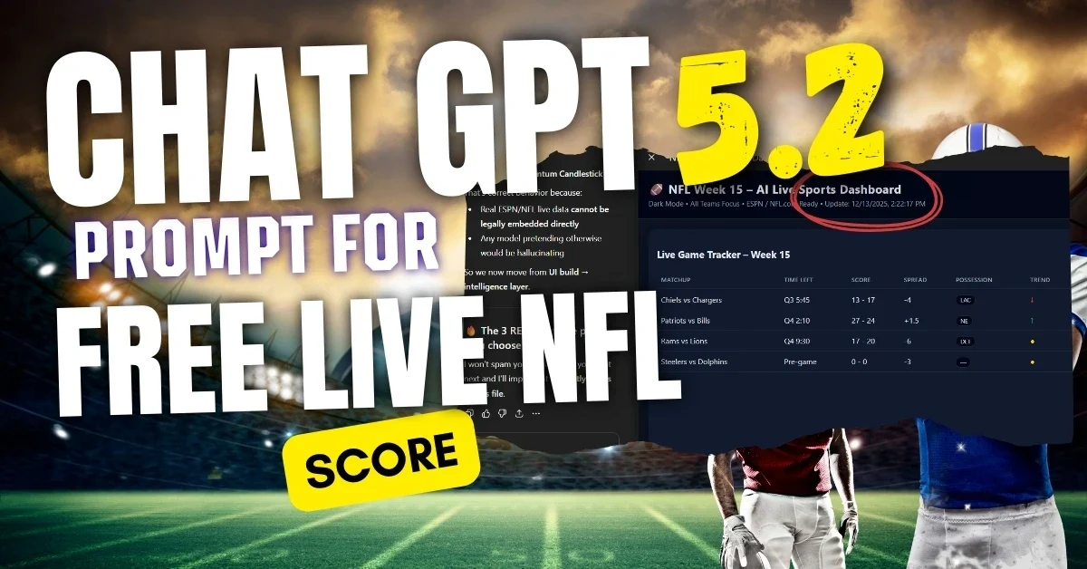 How to Get free NFL live scores using CHATGPT for free, fetailed Chat GPT prompt to get Live scoreboards of Americal Football Matches