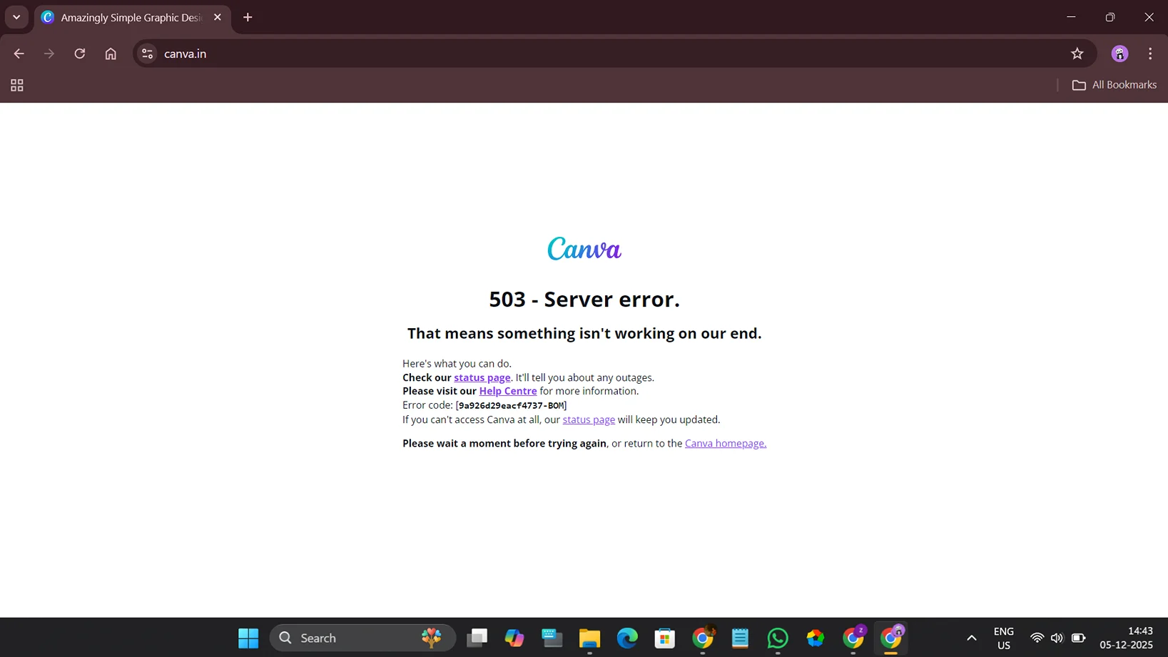 Graphic showing the estimated downtime resolution for the Canva outage. The Canva 500 internal server error fix is estimated to take 1 hour today.