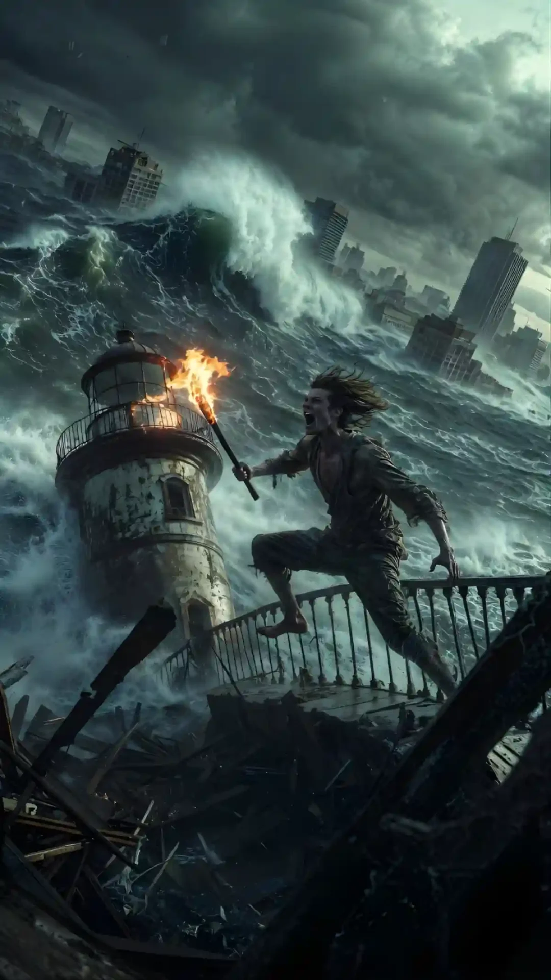 Action-packed Gemini AI art of a man holding a flaming torch while jumping near a lighthouse as a massive tsunami engulfs a city.
