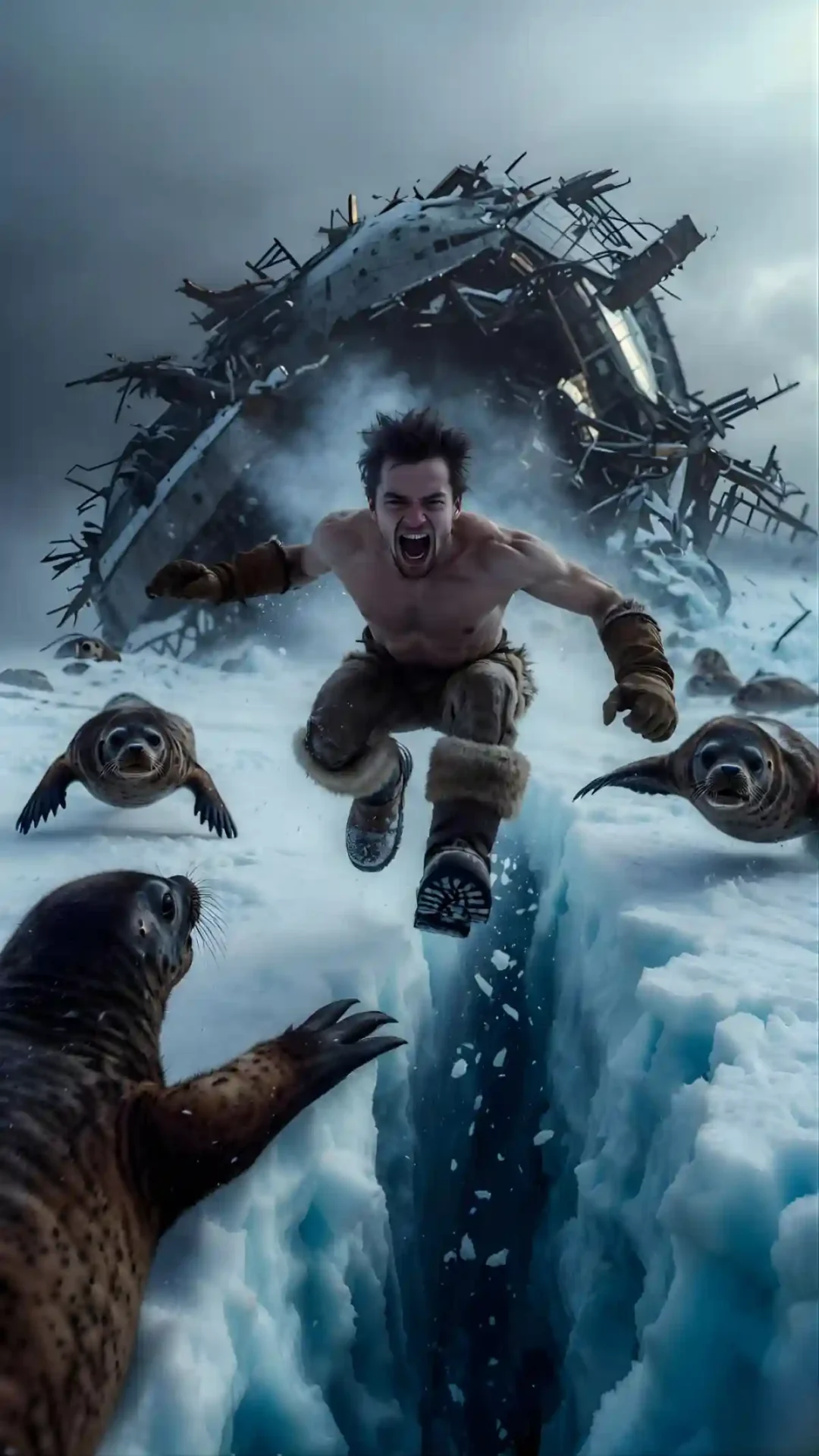A cinematic AI-generated scene of a man leaping across an ice chasm surrounded by seals, showcasing the motion-blur and environmental detail of Gemini Pro 3.