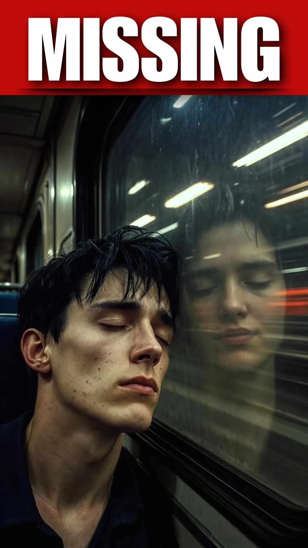 Ultra-realistic photo of a tired man asleep on a subway, his face showing the pain of love failure, with the ghost of his ex reflected in the glass. This exhausted sad boy subway photo prompt is a sad boy photo prompt example, perfect for a high-quality love failure boy dp result from a sad boy ai prompt.