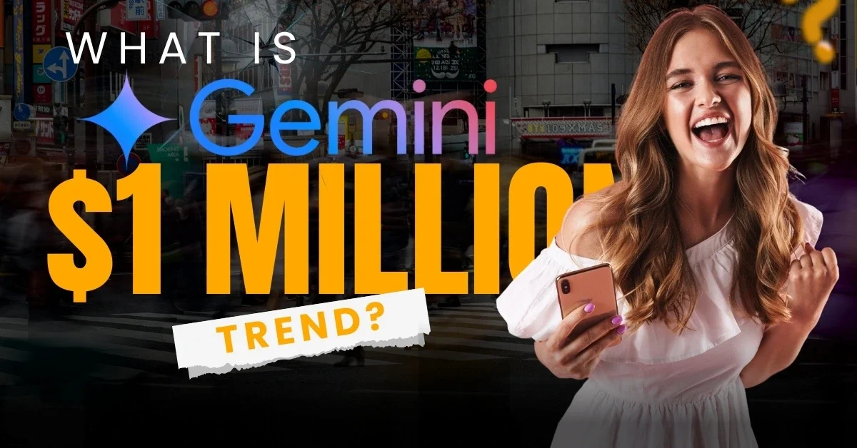 An excited person celebrating with a phone over the text "What is Gemini $1 Million Trend?" to represent the best way to earn 1 million income using a structured plan and building a millionaire mindset with AI. "Gemini Income Roadmap 1 Million"
