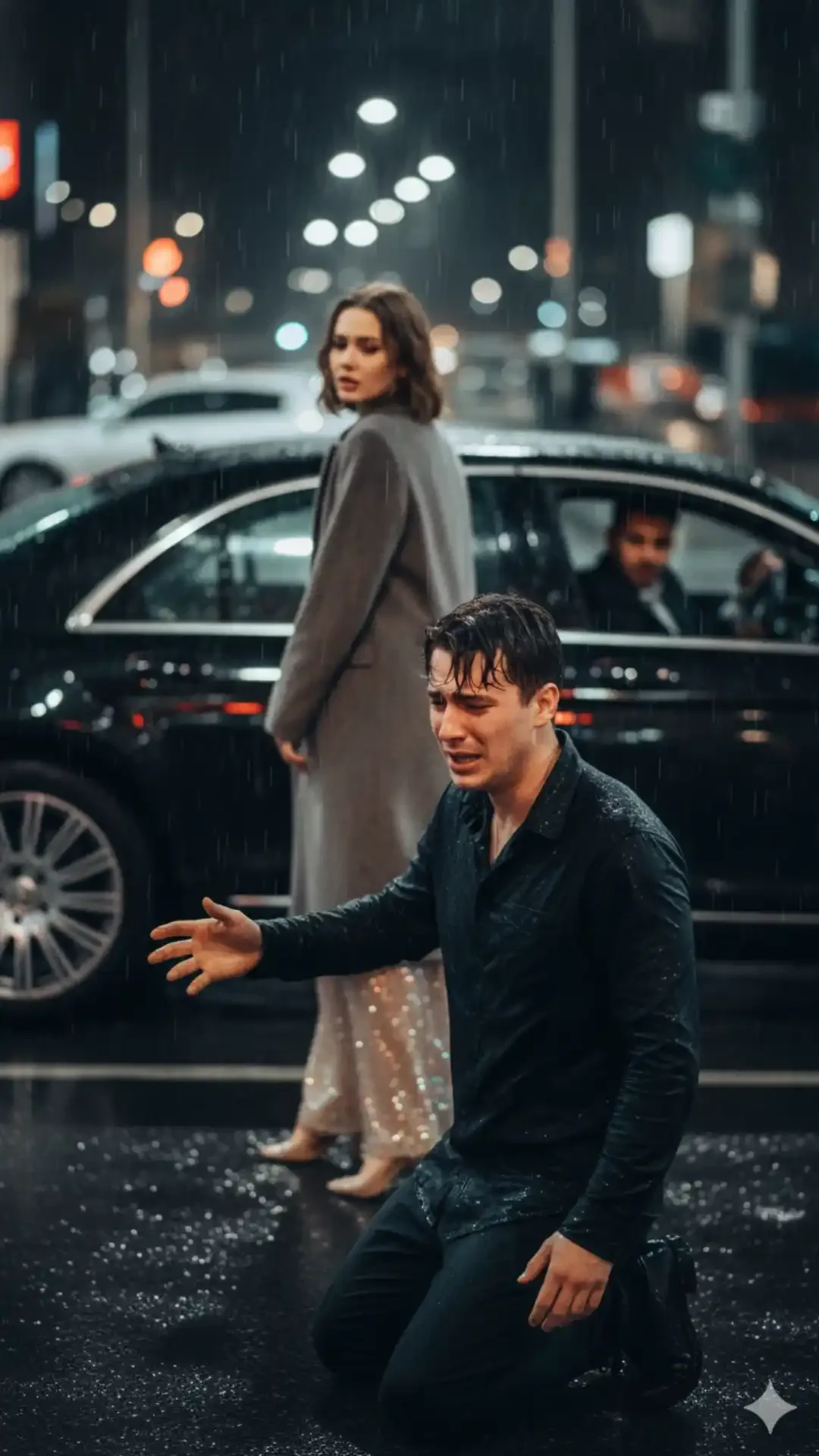 Rain-soaked man extends a pleading hand toward a cold ex-girlfriend, a dramatic Love Failure Prompt Gemini using Leica's shallow depth of field.