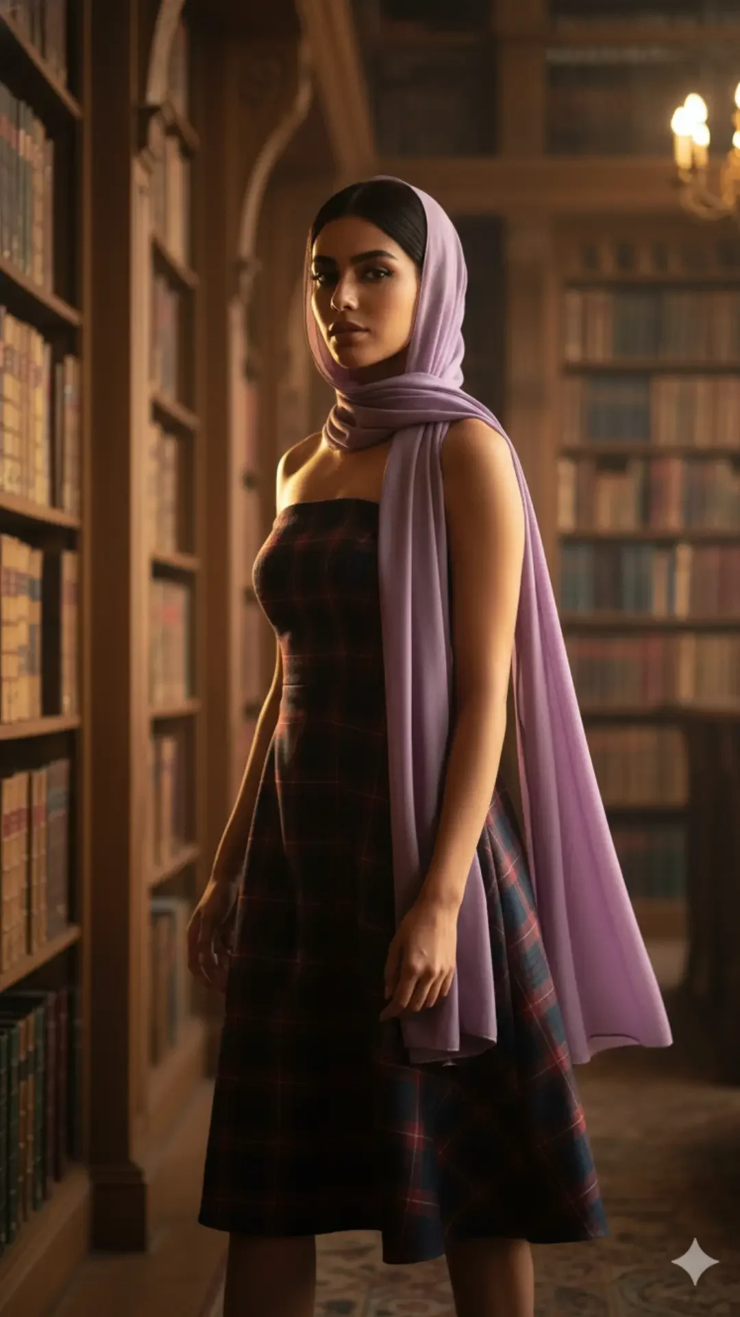 Elegant Hijab Fashion Girls inspiration via Google Gemini AI Photo Editing Prompts. A seductive Arabic Girl in a lavender pashmina hijab and plaid short middy strapless dress poses in a luxurious library.